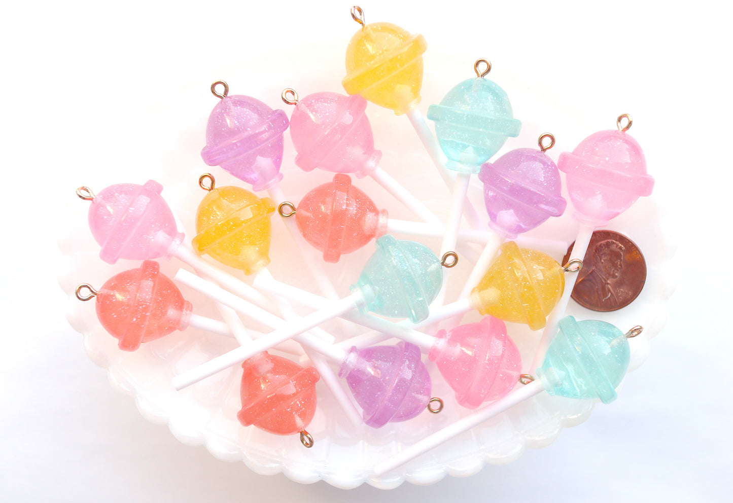 Lollipop Charms - 21mm Translucent Shimmer Pastel Little Lollipop Plastic Pendants or Resin Charms - 10 pc set