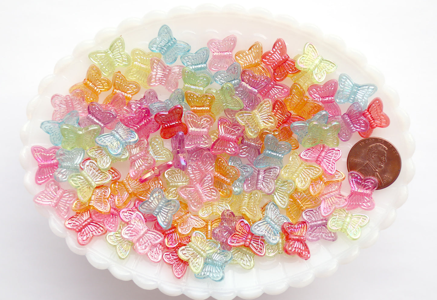 Butterfly Beads - 14mm AB Translucent Iridescent Color Little Butterfly Shaped Resin or Acrylic Beads - 100 pc set