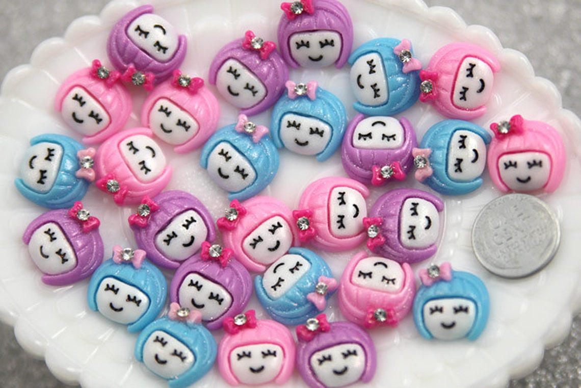 Resin Cabochons - 17mm Colorful Hair Girls Resin Cabochons - 9 pcs set