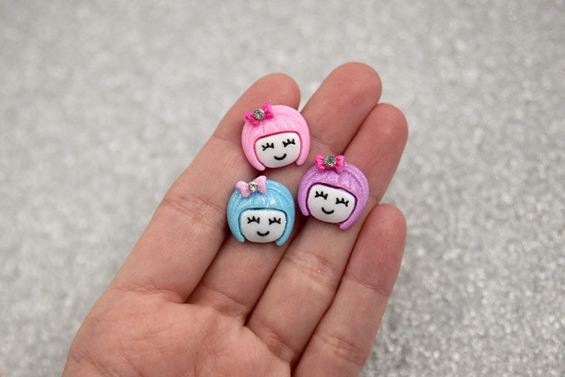 Resin Cabochons - 17mm Colorful Hair Girls Resin Cabochons - 9 pcs set