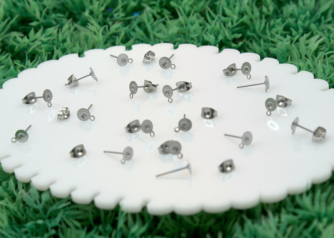 12mm Stainless Steel Stud Earring Posts with 5mm Glue Pads and Loop for Hanging - 15 pairs set