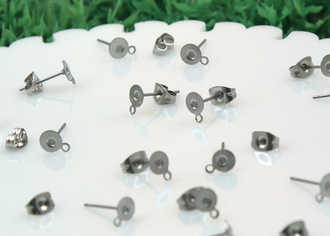 12mm Stainless Steel Stud Earring Posts with 5mm Glue Pads and Loop for Hanging - 15 pairs set