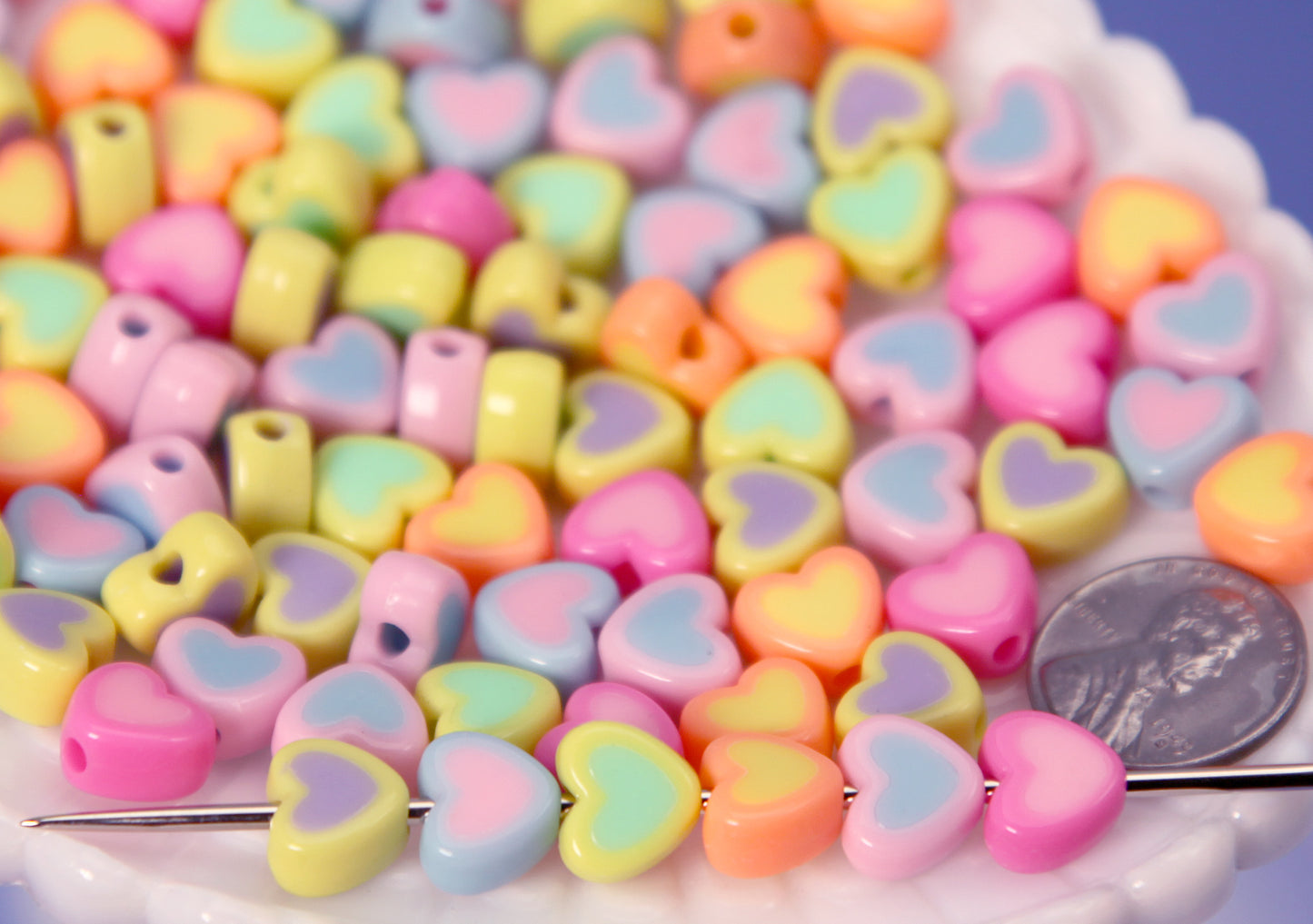 Small Candy Heart Beads - 80 pieces - 10mm Little Fake Marshmallow Beads Two Tone Acrylic Double Heart Bead - Double Layer Resin Heart Beads