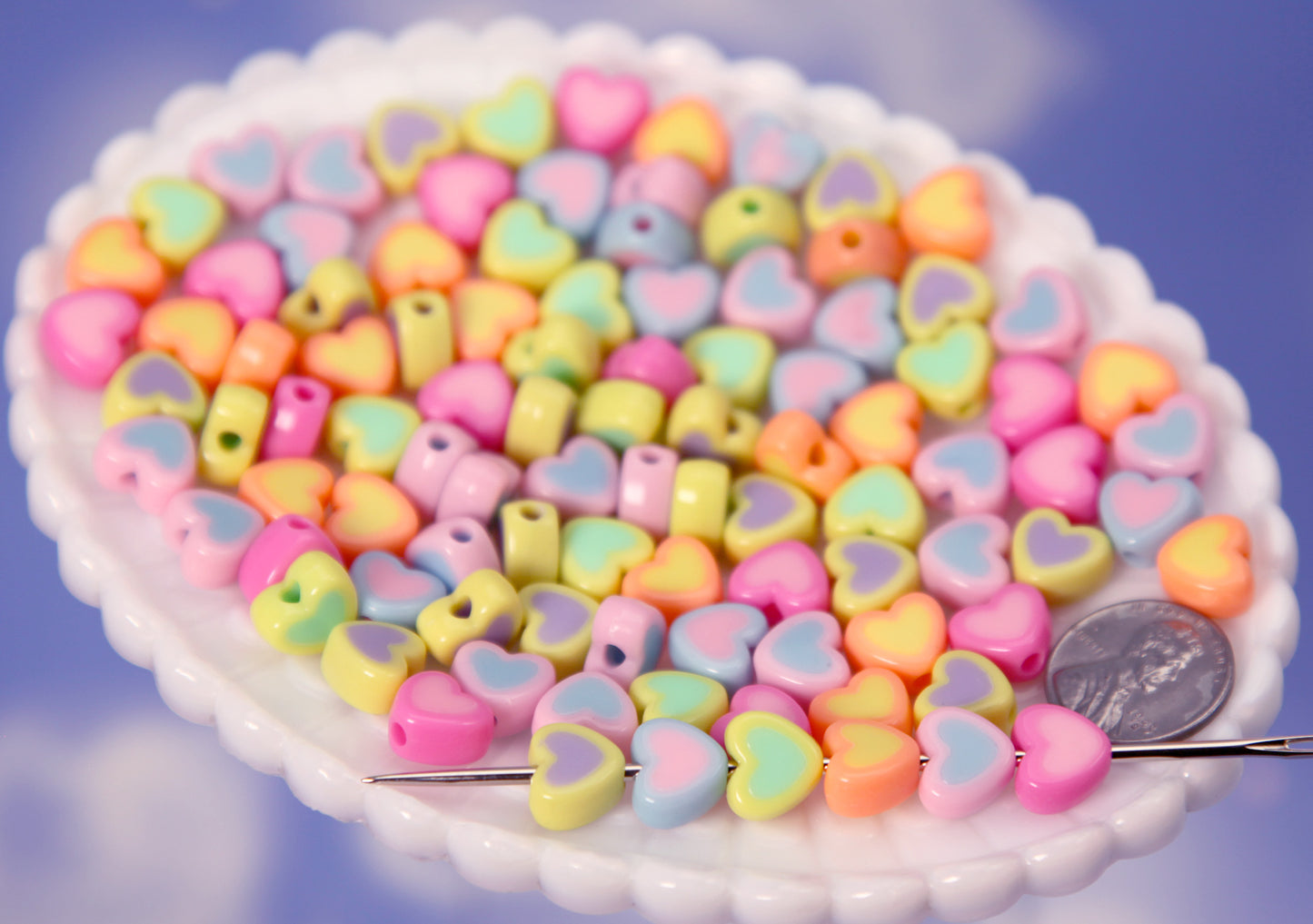 Small Candy Heart Beads - 80 pieces - 10mm Little Fake Marshmallow Beads Two Tone Acrylic Double Heart Bead - Double Layer Resin Heart Beads