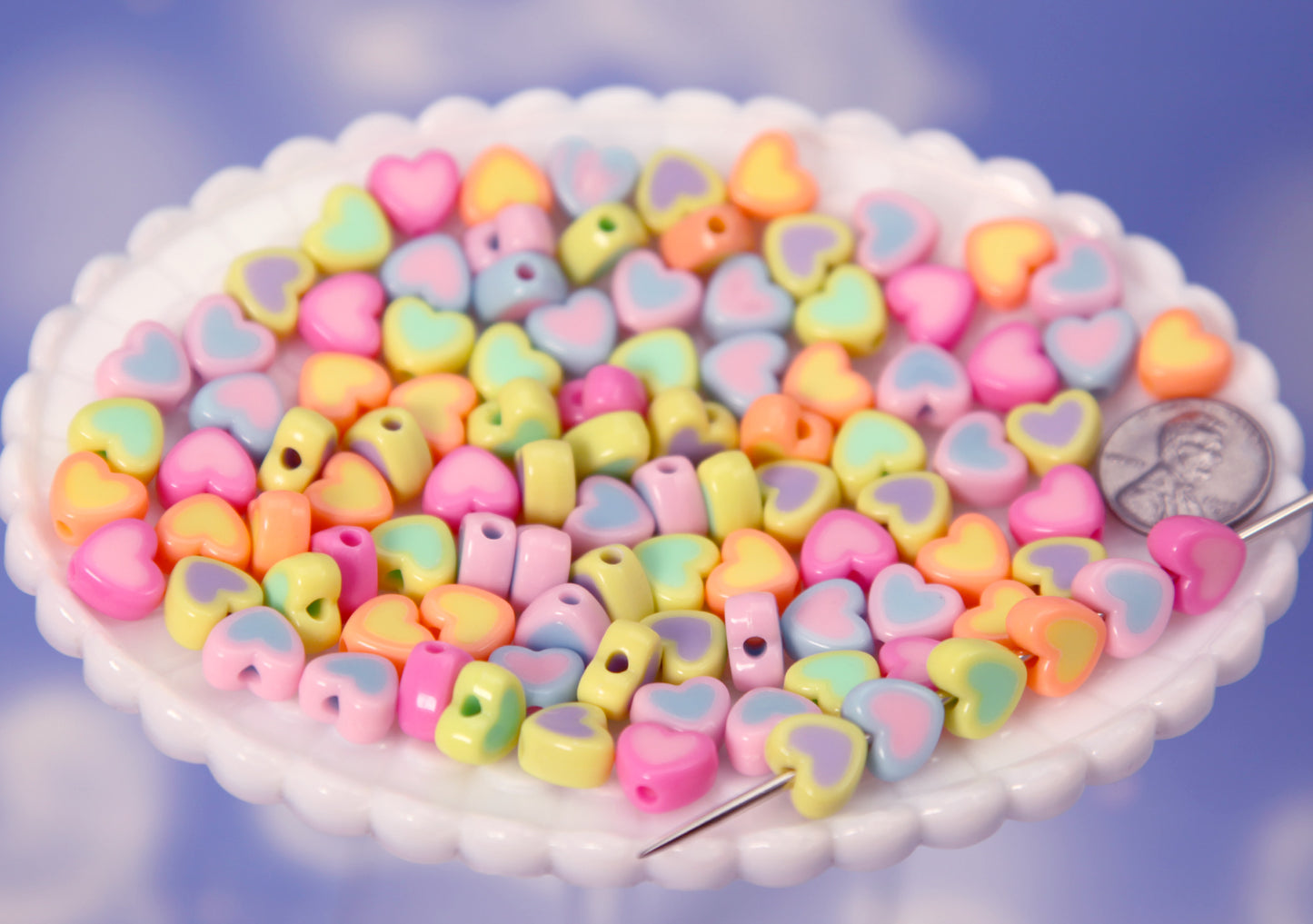 Small Candy Heart Beads - 80 pieces - 10mm Little Fake Marshmallow Beads Two Tone Acrylic Double Heart Bead - Double Layer Resin Heart Beads