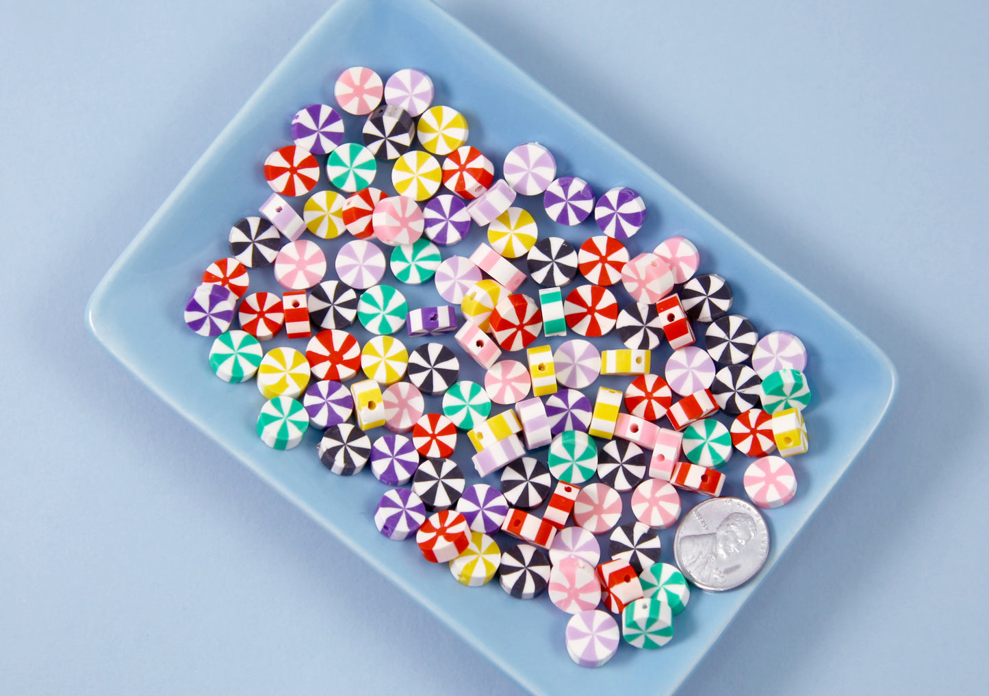 Candy Beads - 10mm Little Peppermint Striped Beads Fimo Polymer Clay Candy Shape Beads - 100 pc set
