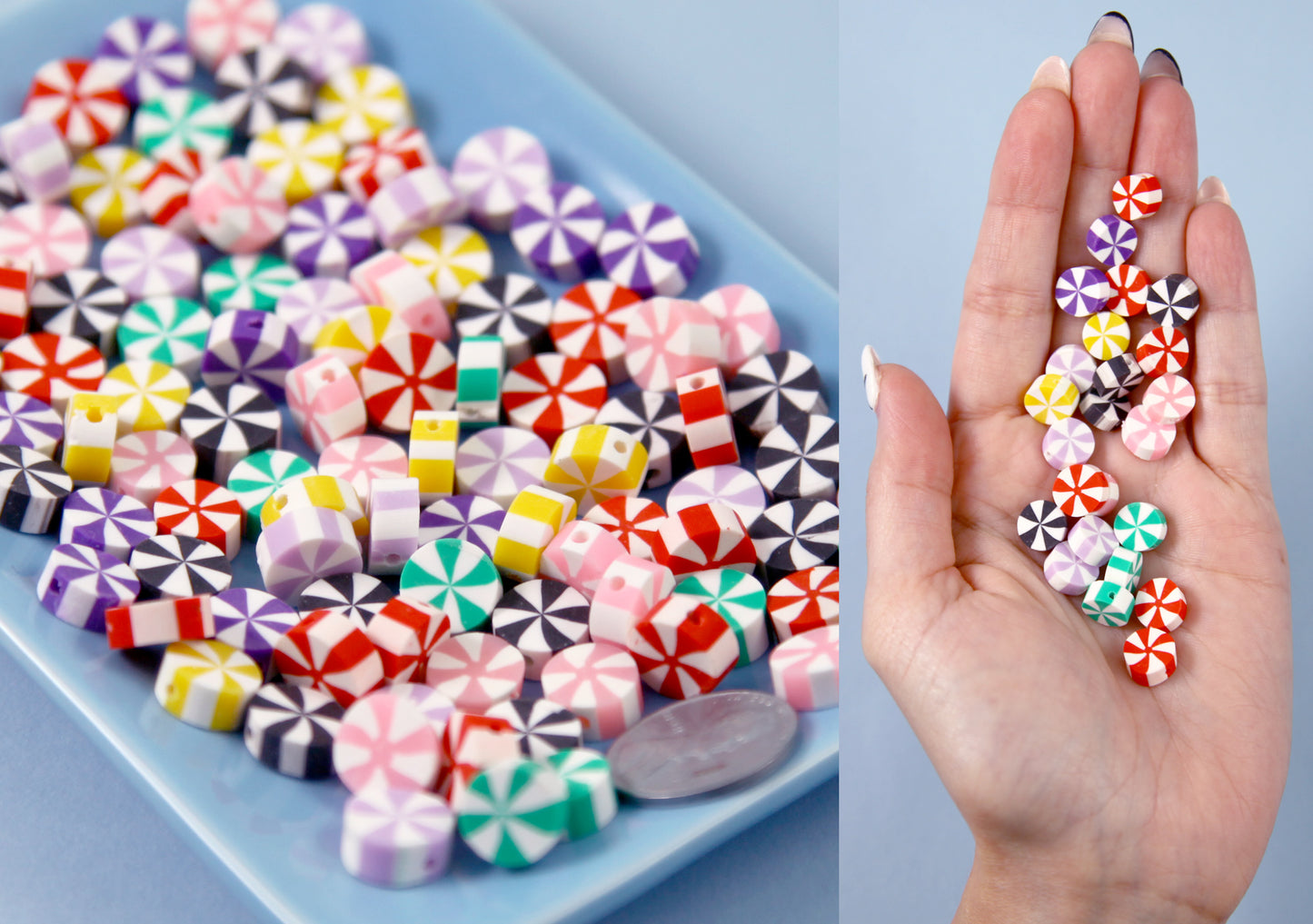 Candy Beads - 10mm Little Peppermint Striped Beads Fimo Polymer Clay Candy Shape Beads - 100 pc set