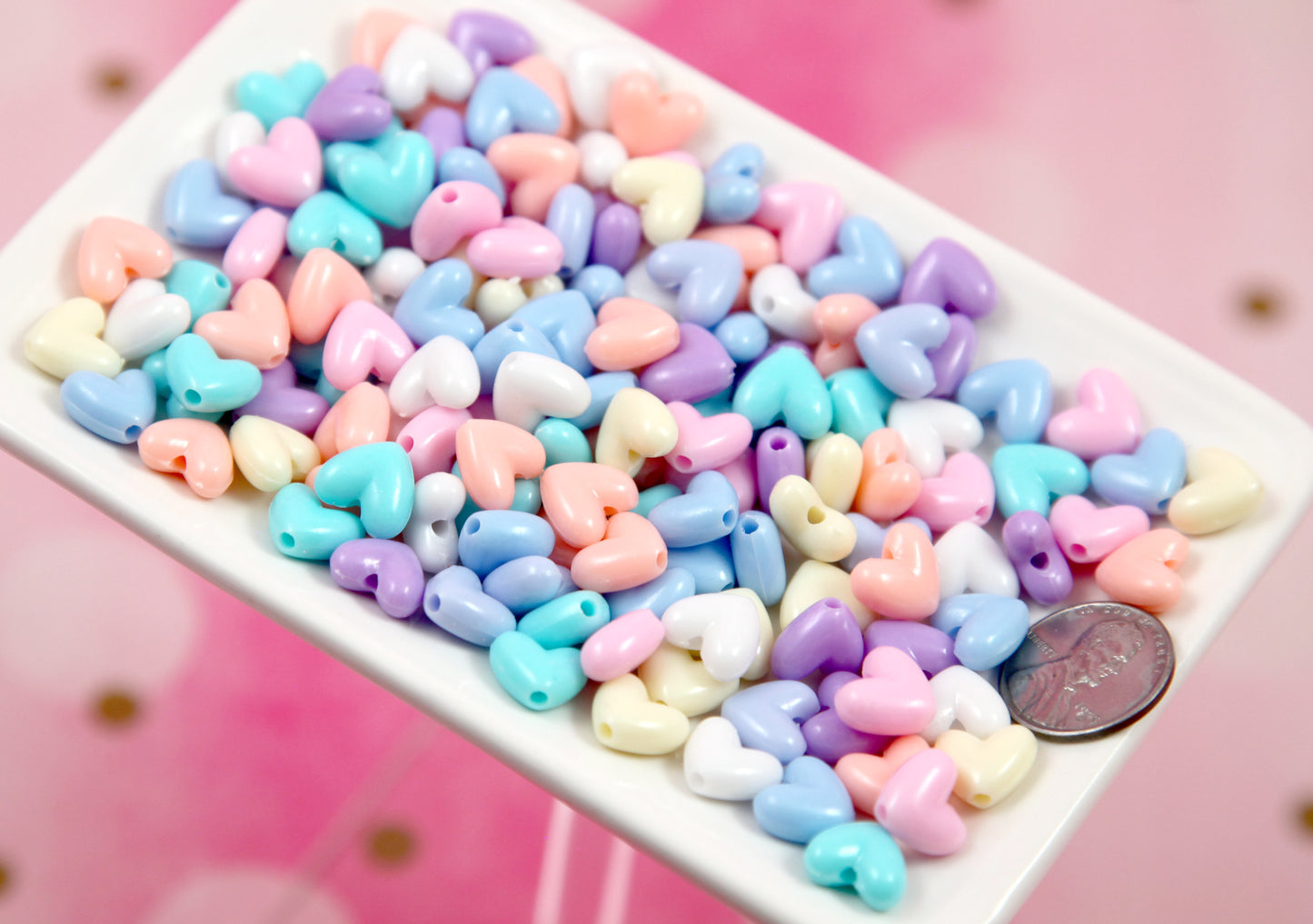 Pastel Heart Beads - 150 pieces - 10mm Cute Flat Pastel Heart Bead Resin or Acrylic Beads