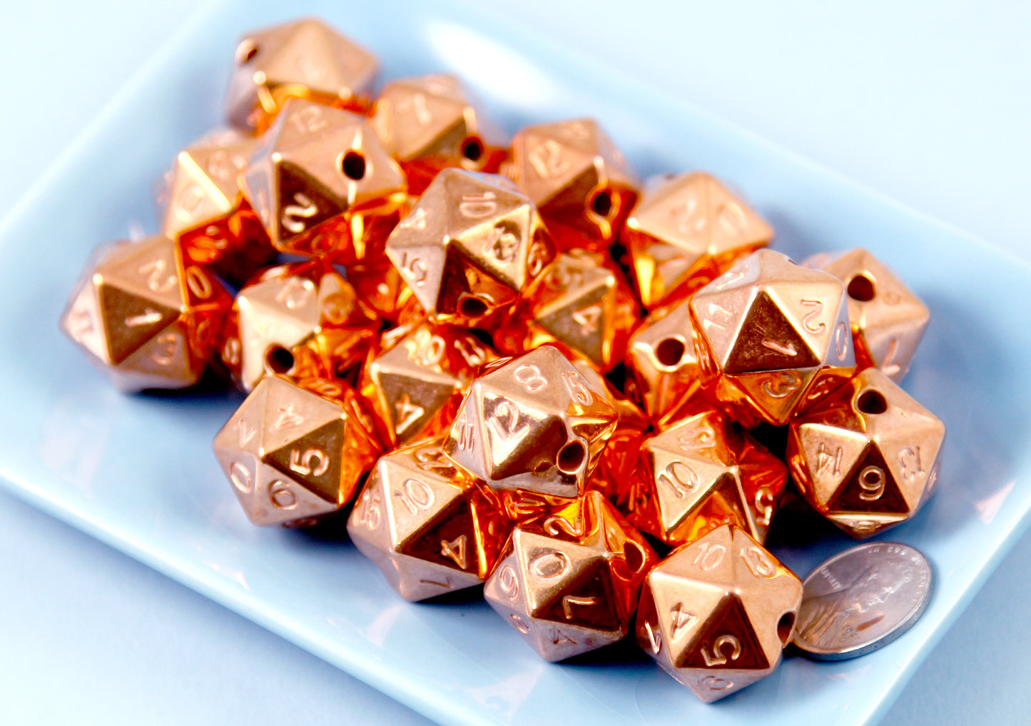 D20 Beads - 10 pc set - 20mm Polyhedral Dice Beads D12 D16 DND Beads - Electroplated Bronze - Drilled with Holes to Easily make Jewelry