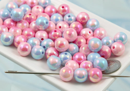 Heart Beads - 24 pieces - 12mm AB Pastel Inlaid Heart Acrylic or Resin Beads- Pink and Blue color mix