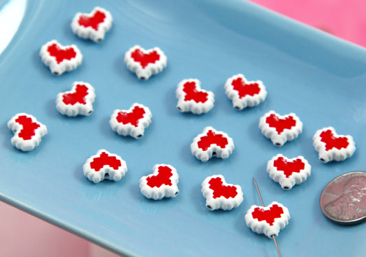 Pixel Heart Beads - 6 pcs - Alloy Beads - 12mm Small Pixely Heart Alloy or Metal Beads