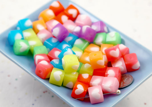 Cube Beads - 35 pieces - 12mm Jelly Color 3D Heart Cubes Acrylic Beads - Little Heart Blocky Beads