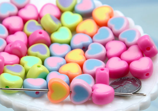 Candy Heart Beads - 45 pieces - 14mm Fake Marshmallow Beads Two Tone Acrylic Double Heart Bead - Resin Heart Beads