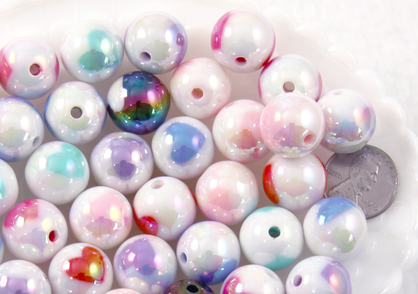 Pastel Beads - 15mm Amazing AB Pastel White Inlaid Heart Acrylic or Resin Beads - 14 pcs set