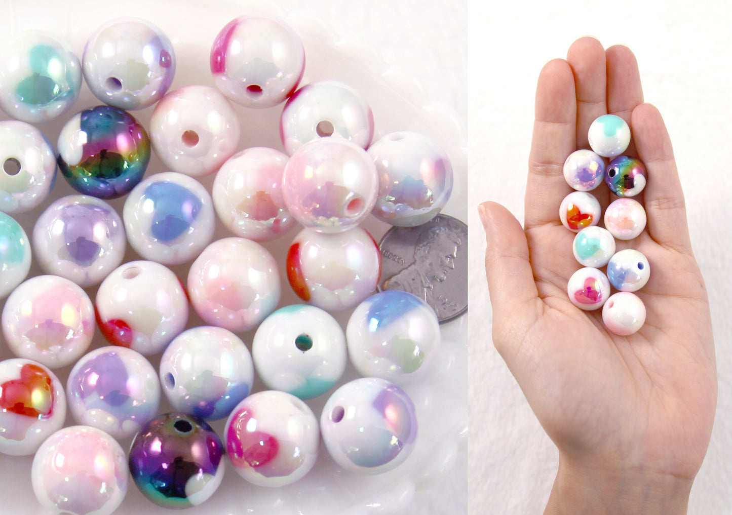 Pastel Beads - 15mm Amazing AB Pastel White Inlaid Heart Acrylic or Resin Beads - 14 pcs set