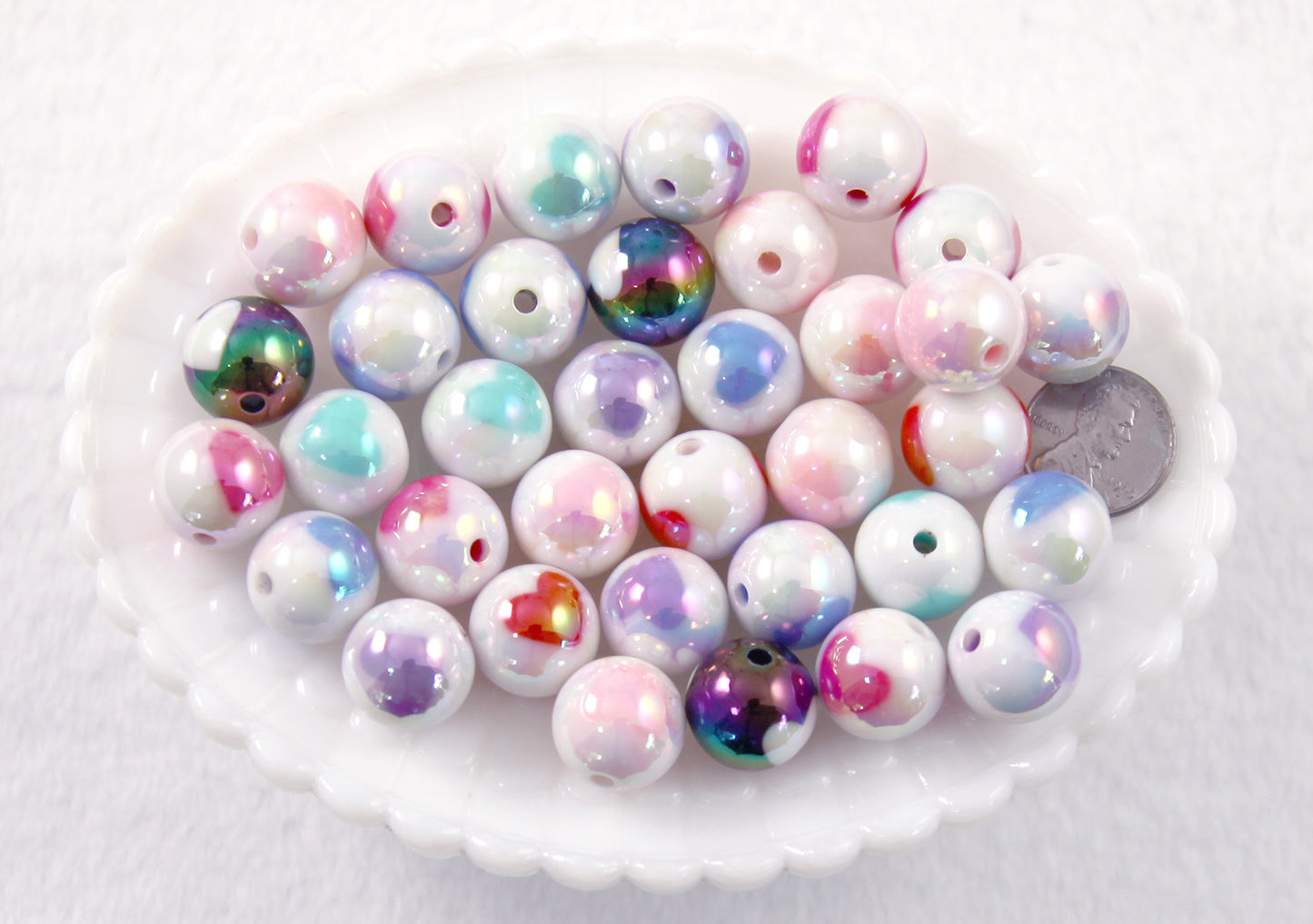 Pastel Beads - 15mm Amazing AB Pastel White Inlaid Heart Acrylic or Resin Beads - 14 pcs set