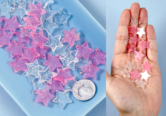 Mini Star Charms - 30mm Clear & Pink Glitter Translucent Star Resin Charms - 20 pc set