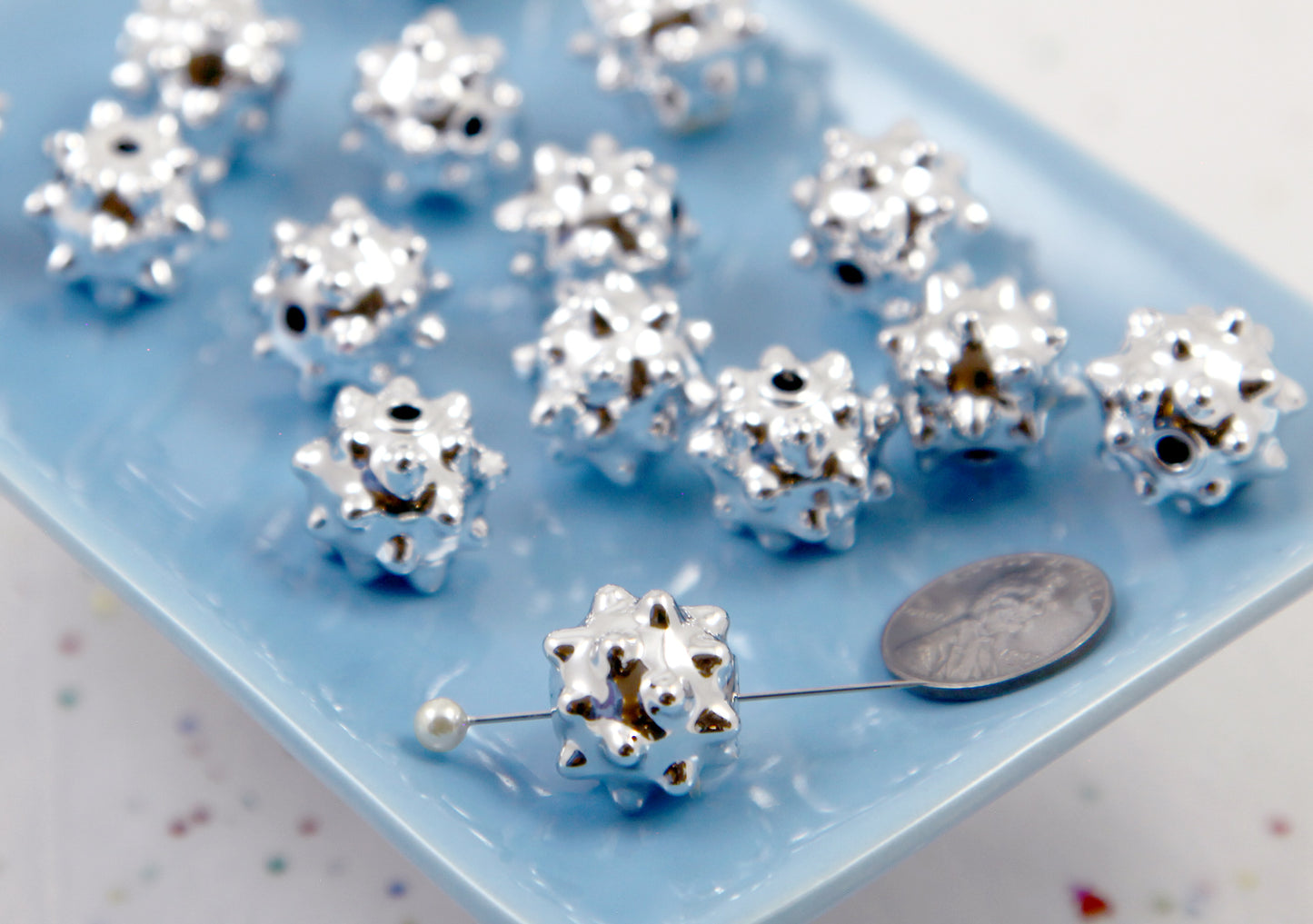 Spike Beads - 10 pieces - 17mm Spiky Ball Bead - Electroplated Silver Plastic Beads - for Bead Pens or Jewelry Making