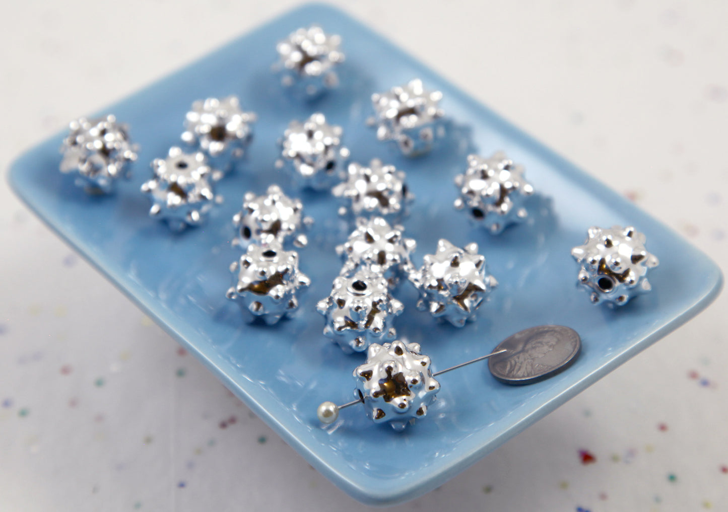Spike Beads - 10 pieces - 17mm Spiky Ball Bead - Electroplated Silver Plastic Beads - for Bead Pens or Jewelry Making