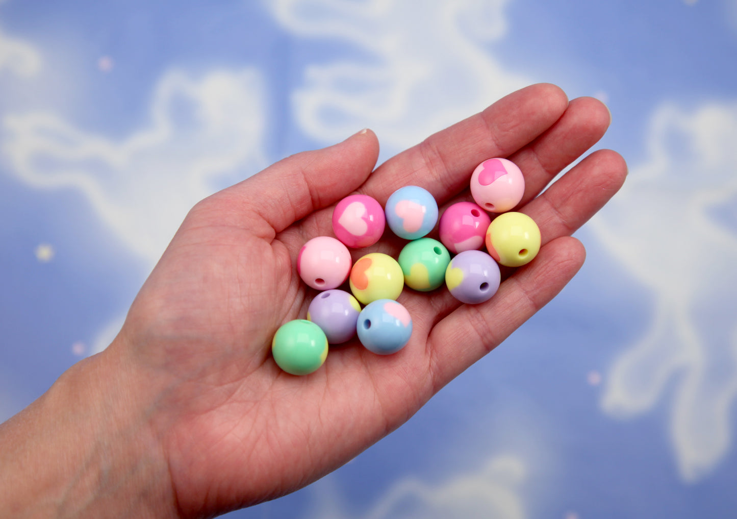 Pastel Heart Beads (24 pcs) 16mm Chunky Pastel Inlaid Heart Acrylic or Resin Beads
