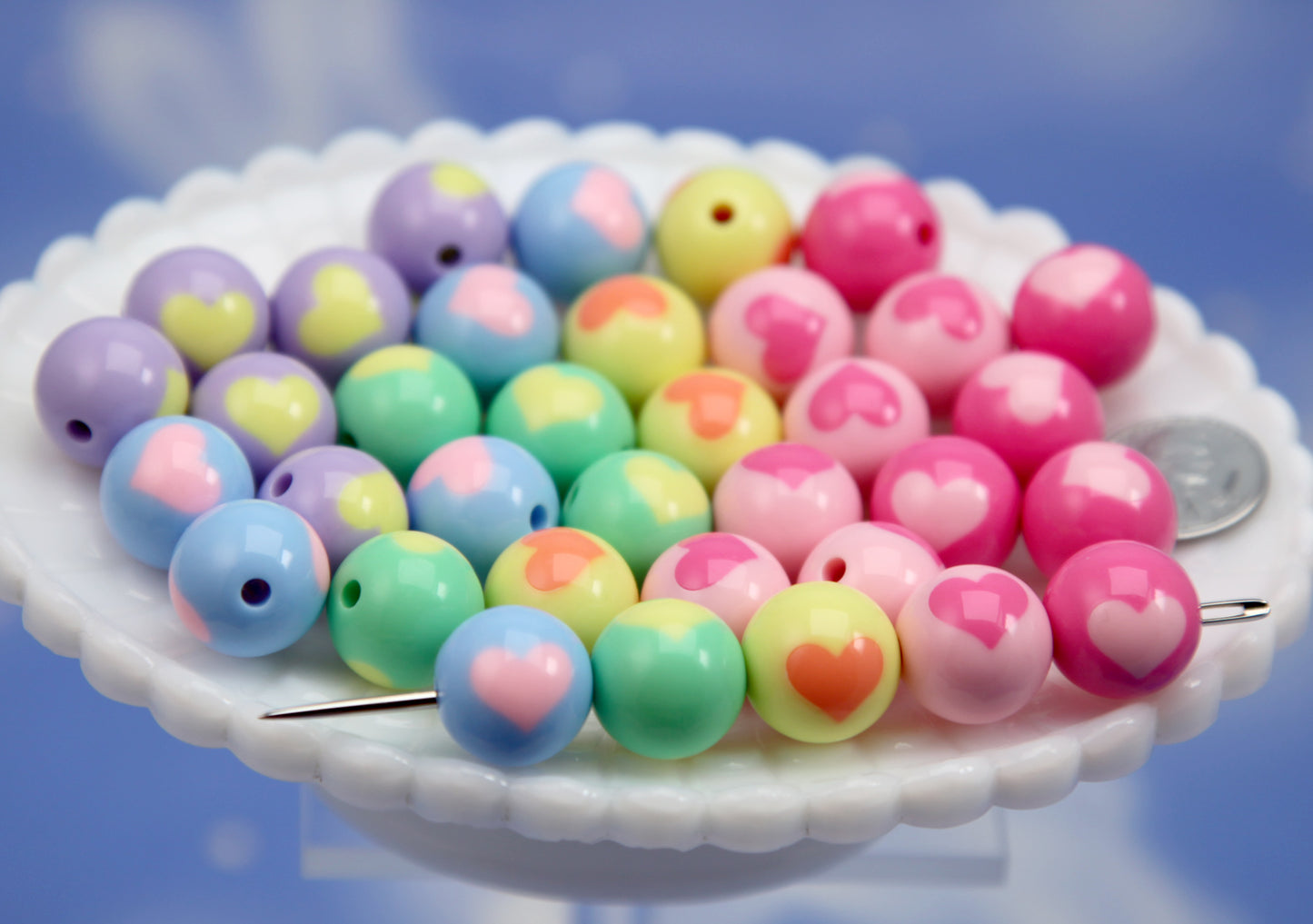 Pastel Heart Beads (24 pcs) 16mm Chunky Pastel Inlaid Heart Acrylic or Resin Beads