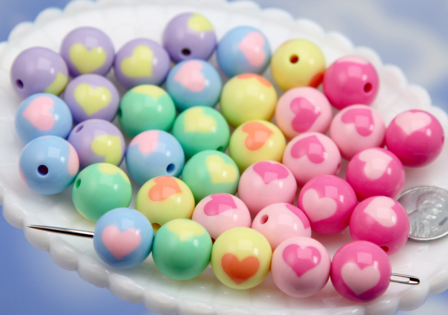 Pastel Heart Beads (24 pcs) 16mm Chunky Pastel Inlaid Heart Acrylic or Resin Beads