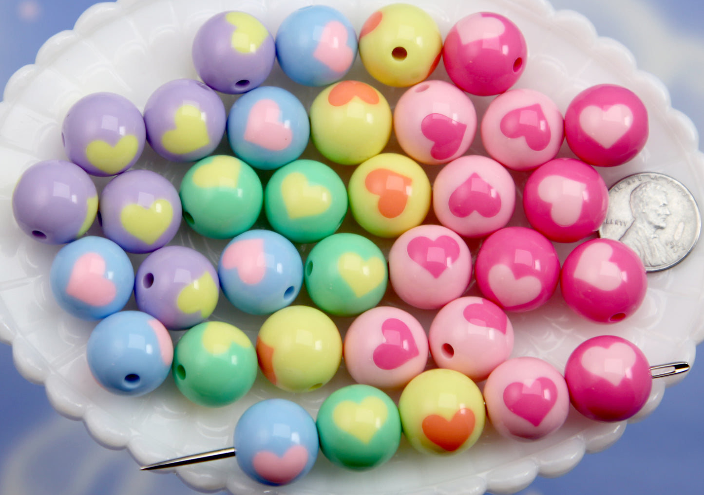 Pastel Heart Beads (24 pcs) 16mm Chunky Pastel Inlaid Heart Acrylic or Resin Beads