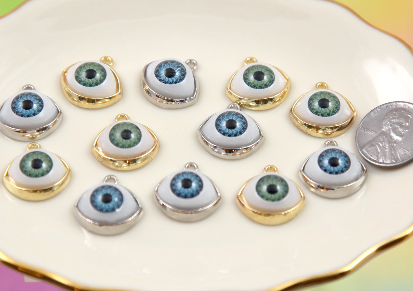 Eyeball Charms - 6 pc set - 16mm Eye Pendants - Gold and Silver Color - Blue and Green Iris Charms or Pendants - easy to make into earrings