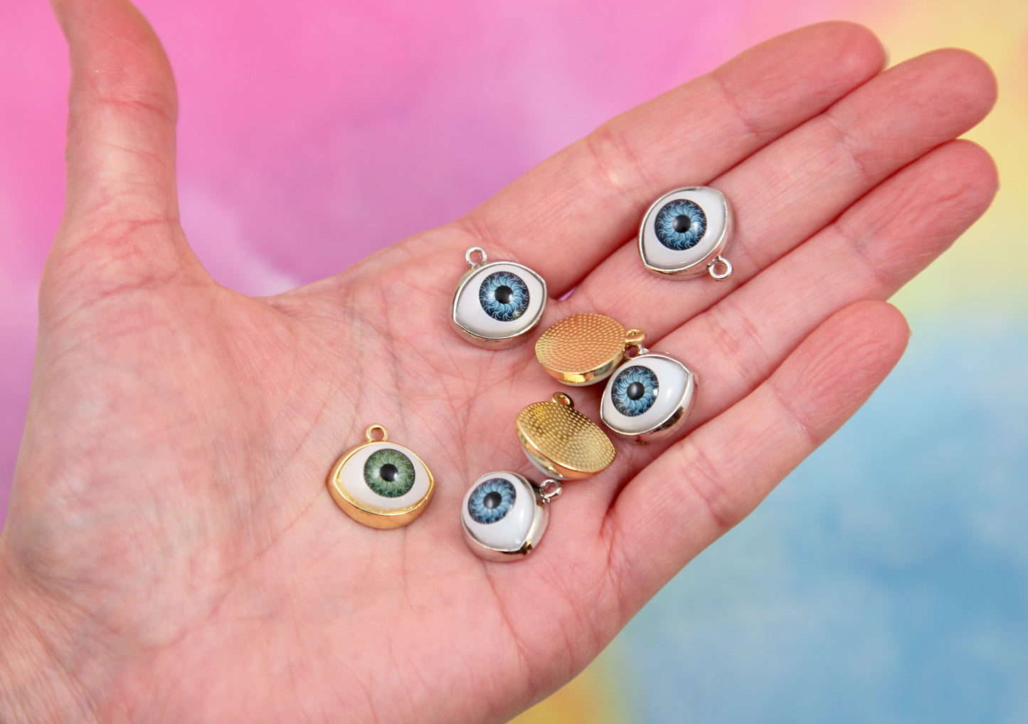 Eyeball Charms - 6 pc set - 16mm Eye Pendants - Gold and Silver Color - Blue and Green Iris Charms or Pendants - easy to make into earrings