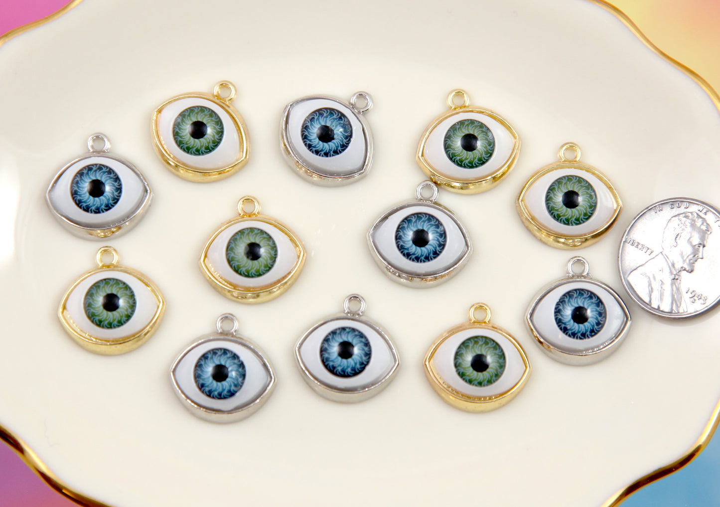 Eyeball Charms - 6 pc set - 16mm Eye Pendants - Gold and Silver Color - Blue and Green Iris Charms or Pendants - easy to make into earrings