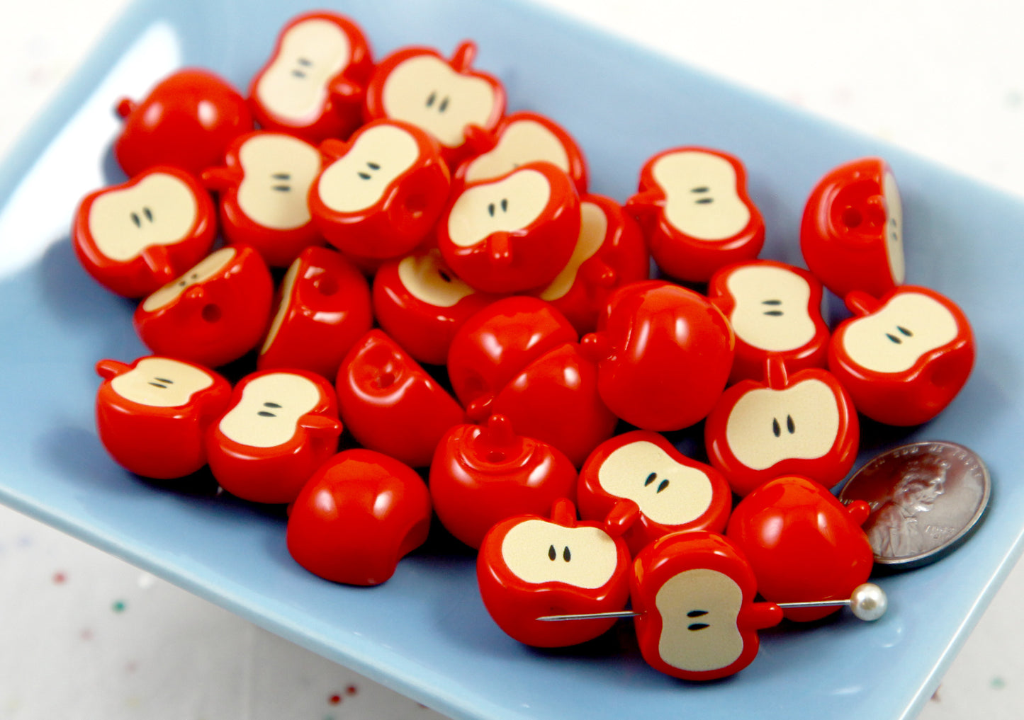 Apple Beads - 10 pieces - 17mm Cute Red Apple Slices Resin or Acrylic Beads