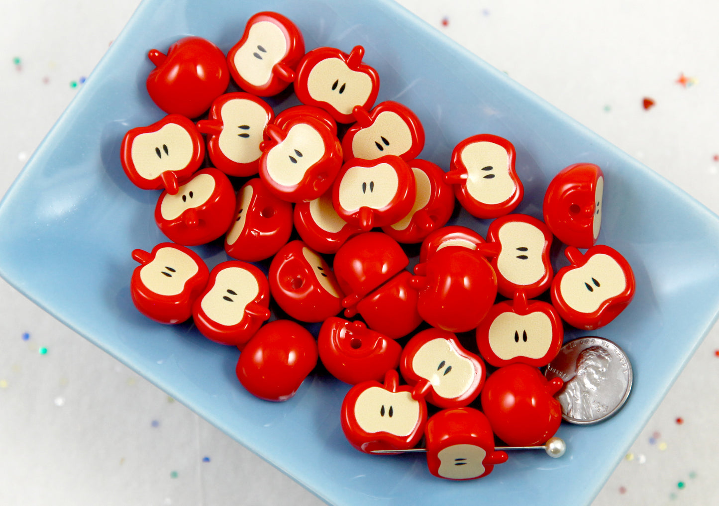 Apple Beads - 10 pieces - 17mm Cute Red Apple Slices Resin or Acrylic Beads