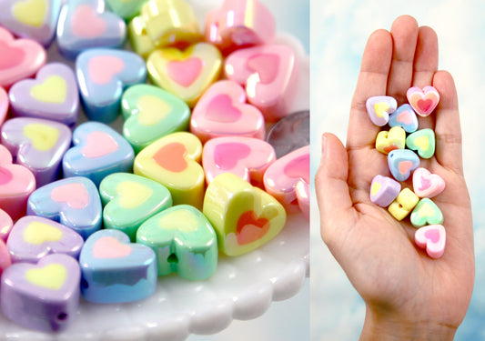 Pastel Heart Beads - 18mm Pastel Amazing AB Two Tone Acrylic Double Heart Beads - Resin Heart Beads - 15 pc set