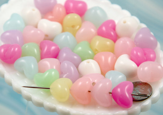 Jelly Heart Beads - 30 pieces - 16mm 3D Pastel Milky Color Chunky Heart Bead Resin or Acrylic Beads