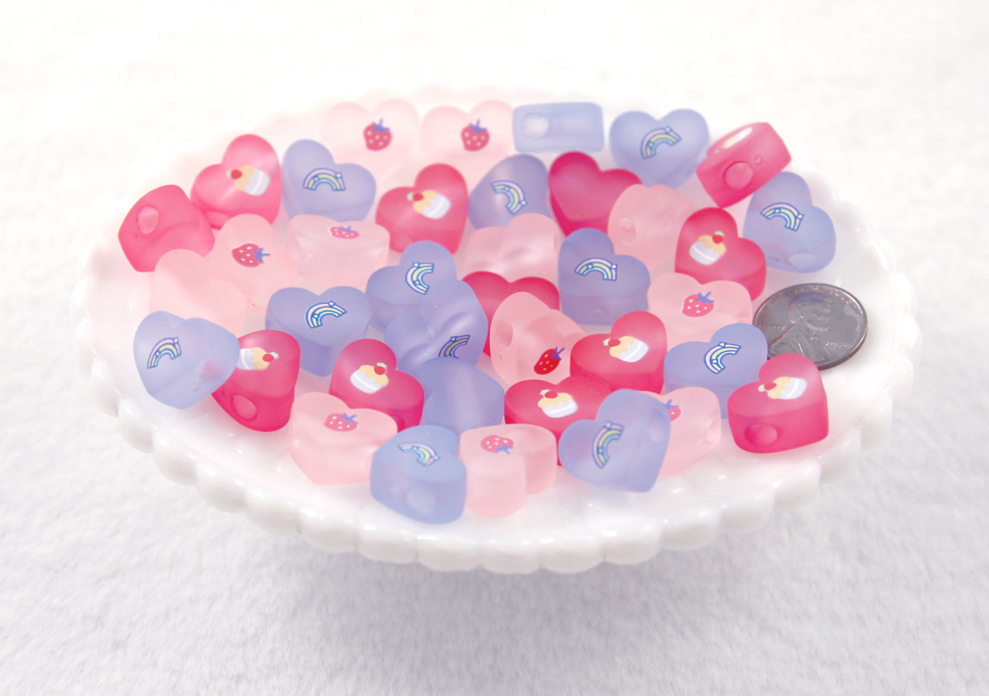 Pastel Heart Beads - 22mm Frosted Pastel Beads with Cute Printed Design - Strawberry, Cupcake, Rainbow - Acrylic or Resin Beads - 15 pcs set