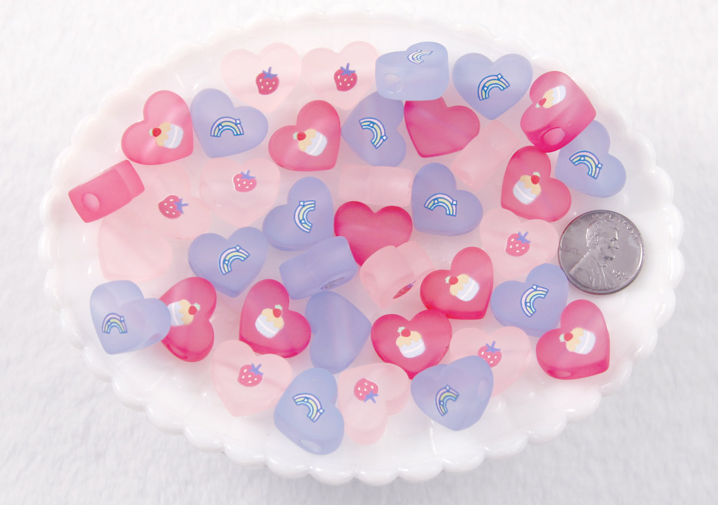 Pastel Heart Beads - 22mm Frosted Pastel Beads with Cute Printed Design - Strawberry, Cupcake, Rainbow - Acrylic or Resin Beads - 15 pcs set