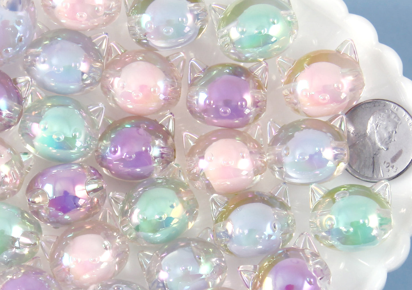 Cat Beads - 18mm Pastel AB Kitty Bead Chunky Acrylic or Plastic Beads - 12 pc set