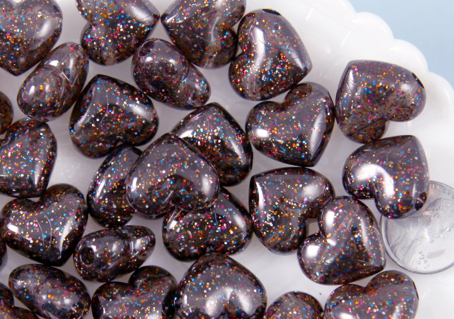 Black Heart Beads - 18mm Black Glitter Puffy Heart Acrylic or Resin Beads - 25 pcs set