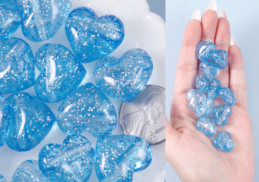Blue Heart Beads - 18mm Blue Glitter Puffy Heart Acrylic or Resin Beads - 25 pcs set