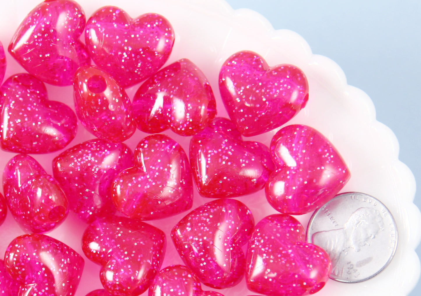 Deep Pink Heart Beads - 18mm Rose Pink Glitter Puffy Heart Acrylic or Resin Beads - 25 pcs set