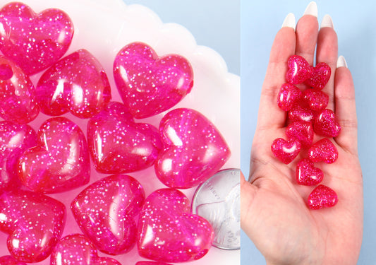 Deep Pink Heart Beads - 18mm Rose Pink Glitter Puffy Heart Acrylic or Resin Beads - 25 pcs set