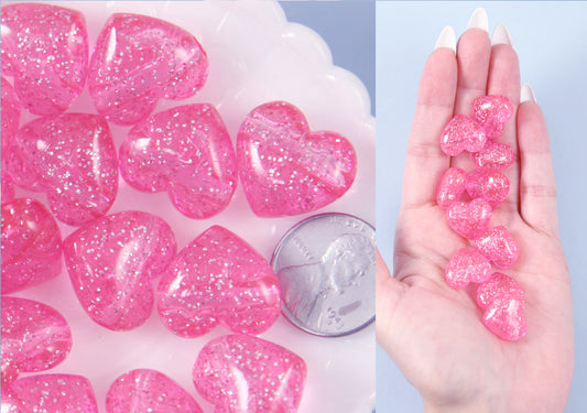 Pink Heart Beads - 18mm Pink Glitter Puffy Heart Acrylic or Resin Beads - 25 pcs set