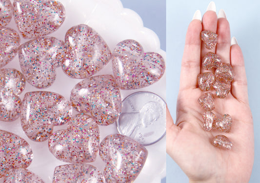 Rose Gold Heart Beads - 18mm Rose Gold Glitter Puffy Heart Acrylic or Resin Beads - 25 pcs set
