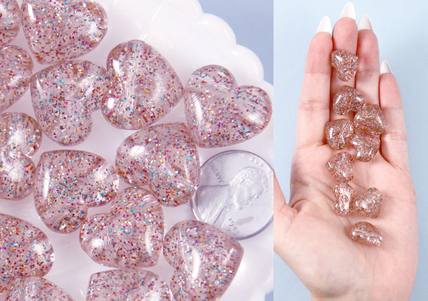 Rose Gold Heart Beads - 18mm Rose Gold Glitter Puffy Heart Acrylic or Resin  Beads - 25 pcs set