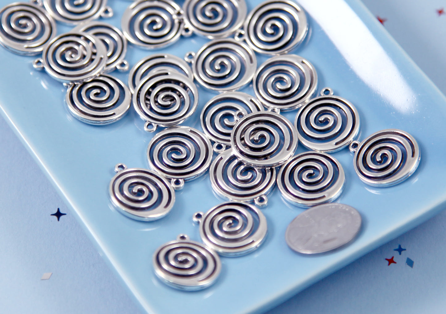 Spiral Charms - 20mm Swirl Pendants Silver Color Vortex Swirly Round Metal Charms - 12 pcs set