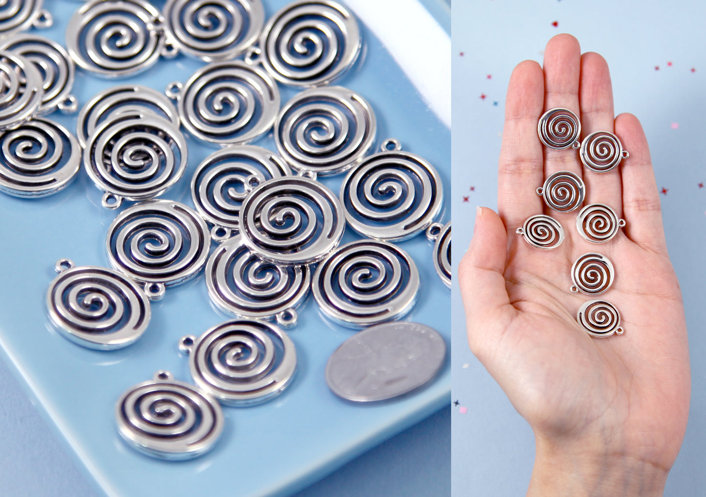 Spiral Charms - 20mm Swirl Pendants Silver Color Vortex Swirly Round Metal Charms - 12 pcs set