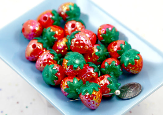 Strawberry Beads - 10 pieces - 20mm AB Strawberry Big 3D Opaque Acrylic or Resin Beads