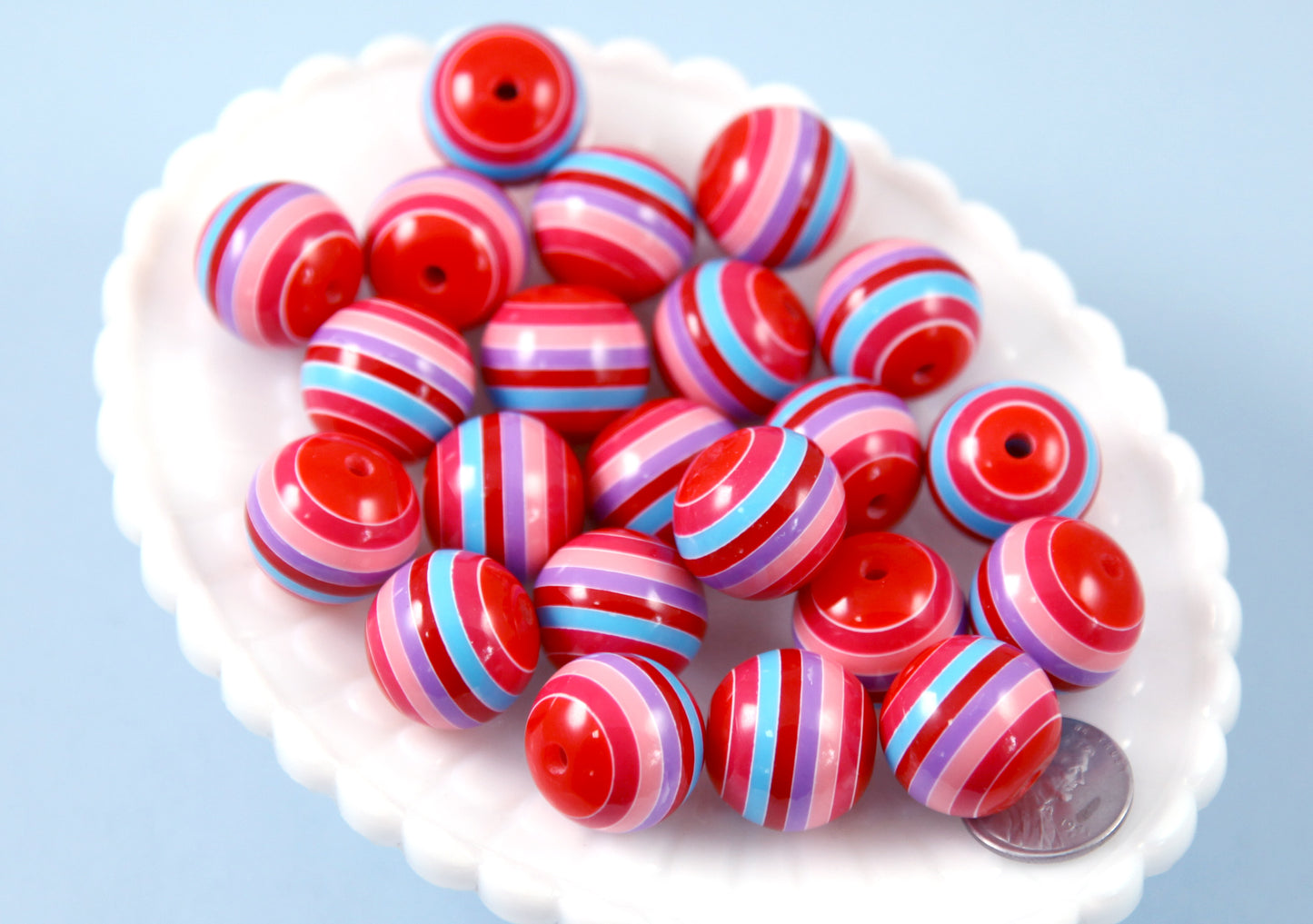 Chunky Striped Beads - 20mm Red Pink Purple Blue Mix Stripes Resin Beads - 12 pc set