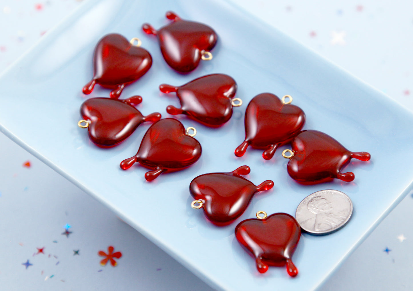 Bleeding Heart Charms - 20mm Red Dripping Heart Acrylic or Resin Charms - 4 pcs set