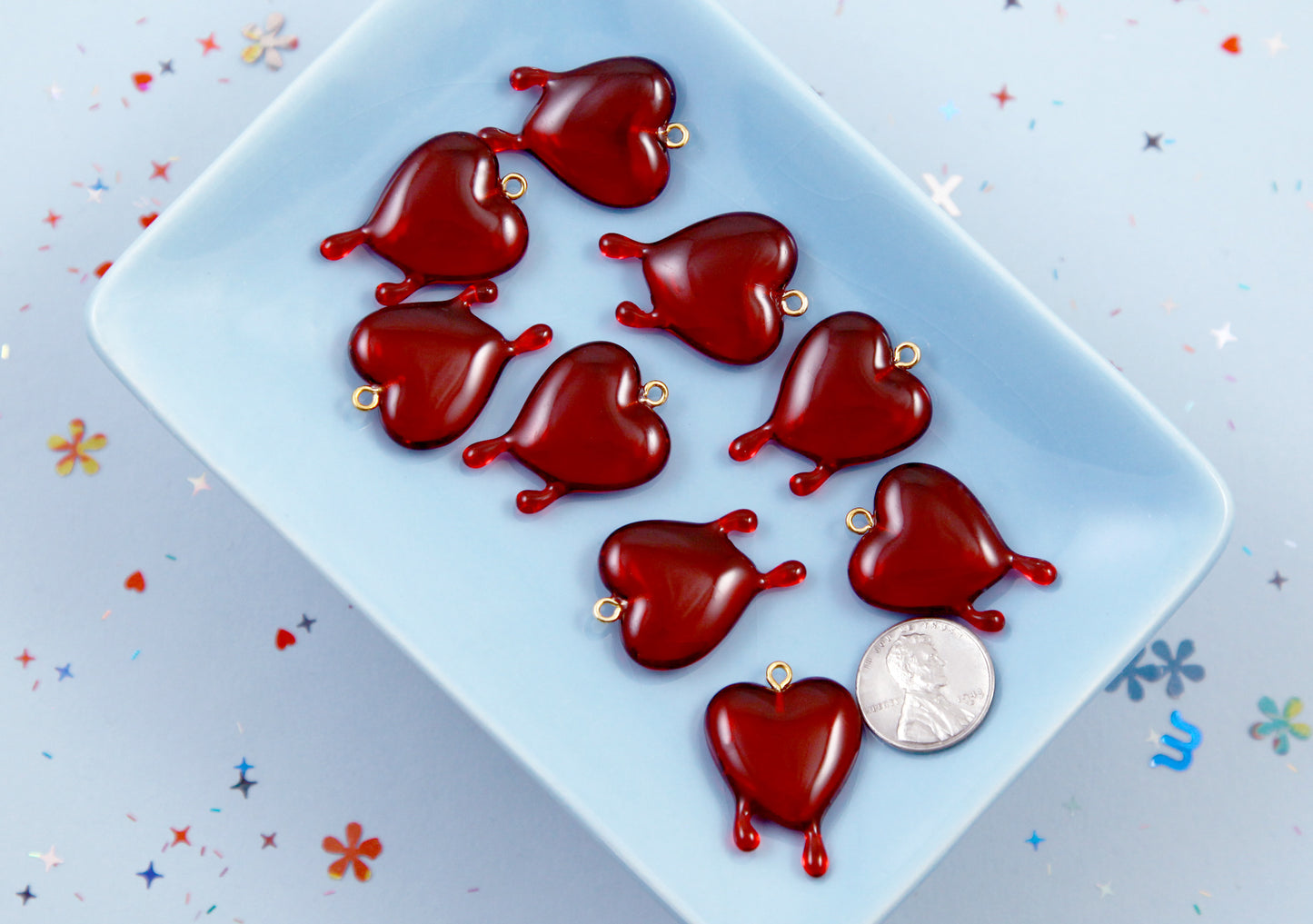 Bleeding Heart Charms - 20mm Red Dripping Heart Acrylic or Resin Charms - 4 pcs set